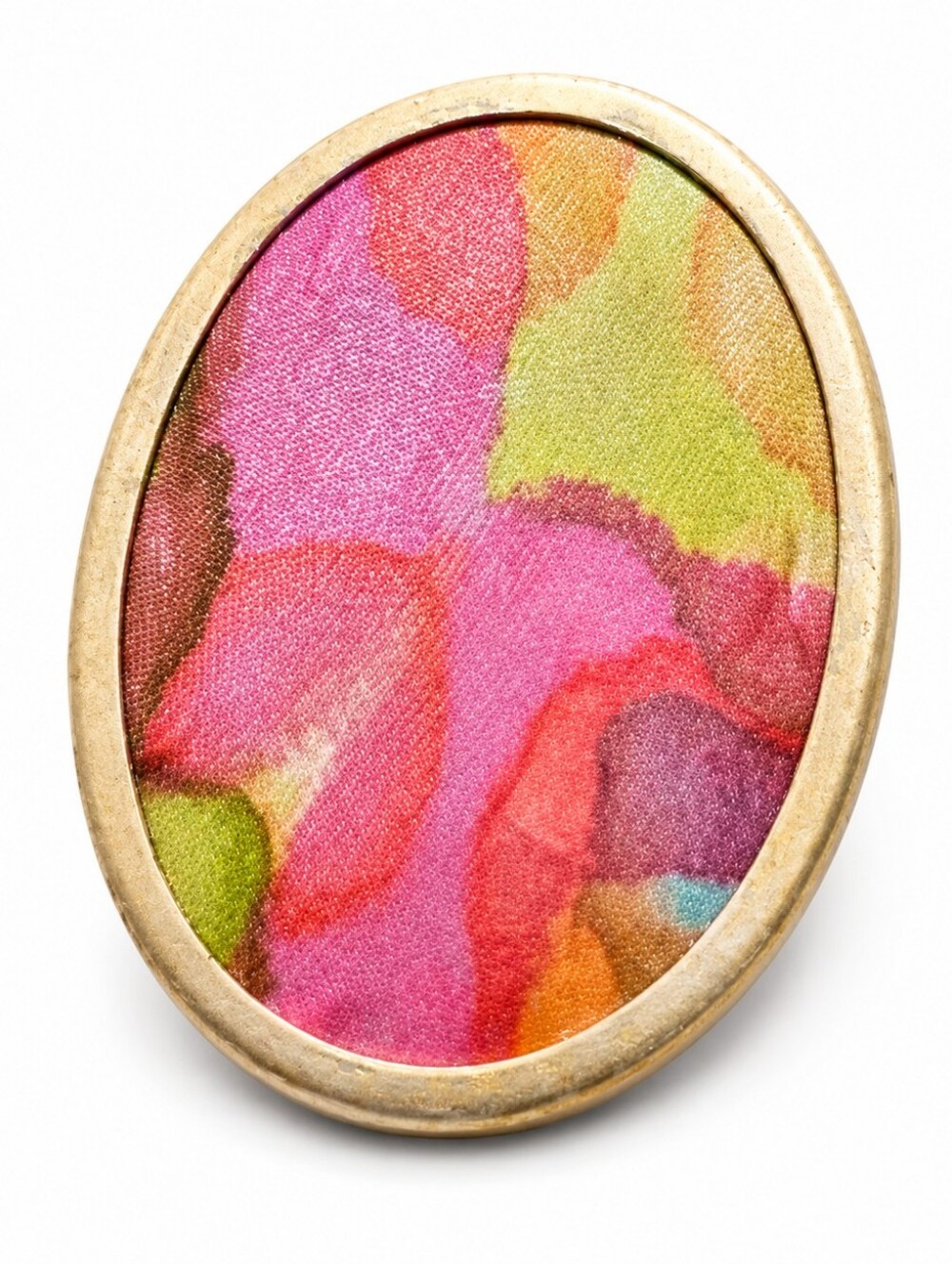 Vintage Oval Floral Fabric Brooch Pink Gold Tone Retro Statement Pin